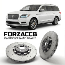 ForzaCCB direct OEM replacement carbon ceramic brake rotors for 2017 to 2021 Lincoln Navigator IV L models, shown with a white Lincoln Navigator car.