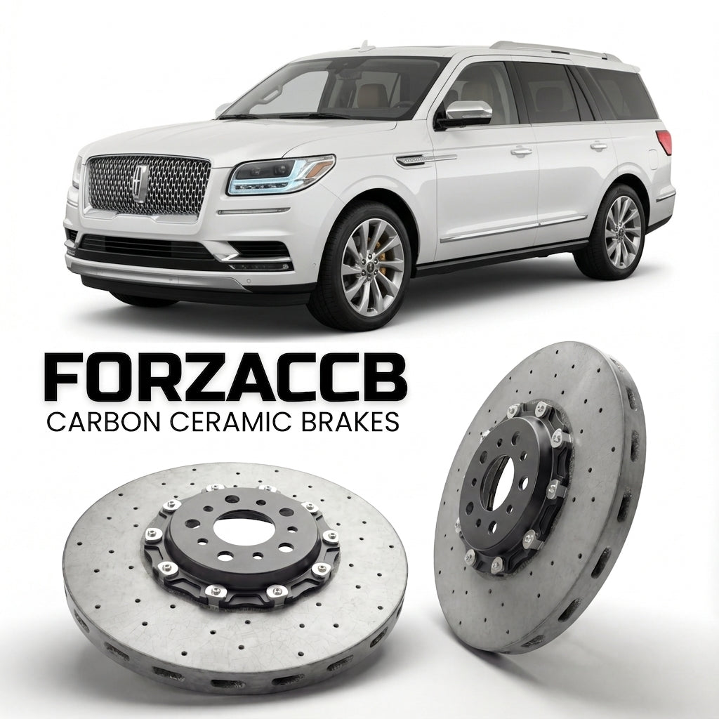ForzaCCB direct OEM replacement carbon ceramic brake rotors for 2017 to 2021 Lincoln Navigator IV L models, shown with a white Lincoln Navigator car.