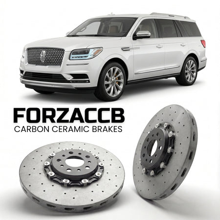 ForzaCCB direct OEM replacement carbon ceramic brake rotors for 2017 to 2021 Lincoln Navigator IV L models, shown with a white Lincoln Navigator car.