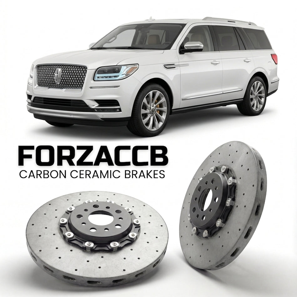 ForzaCCB direct OEM replacement carbon ceramic brake rotors for 2017 to 2021 Lincoln Navigator IV L models, shown with a white Lincoln Navigator car.