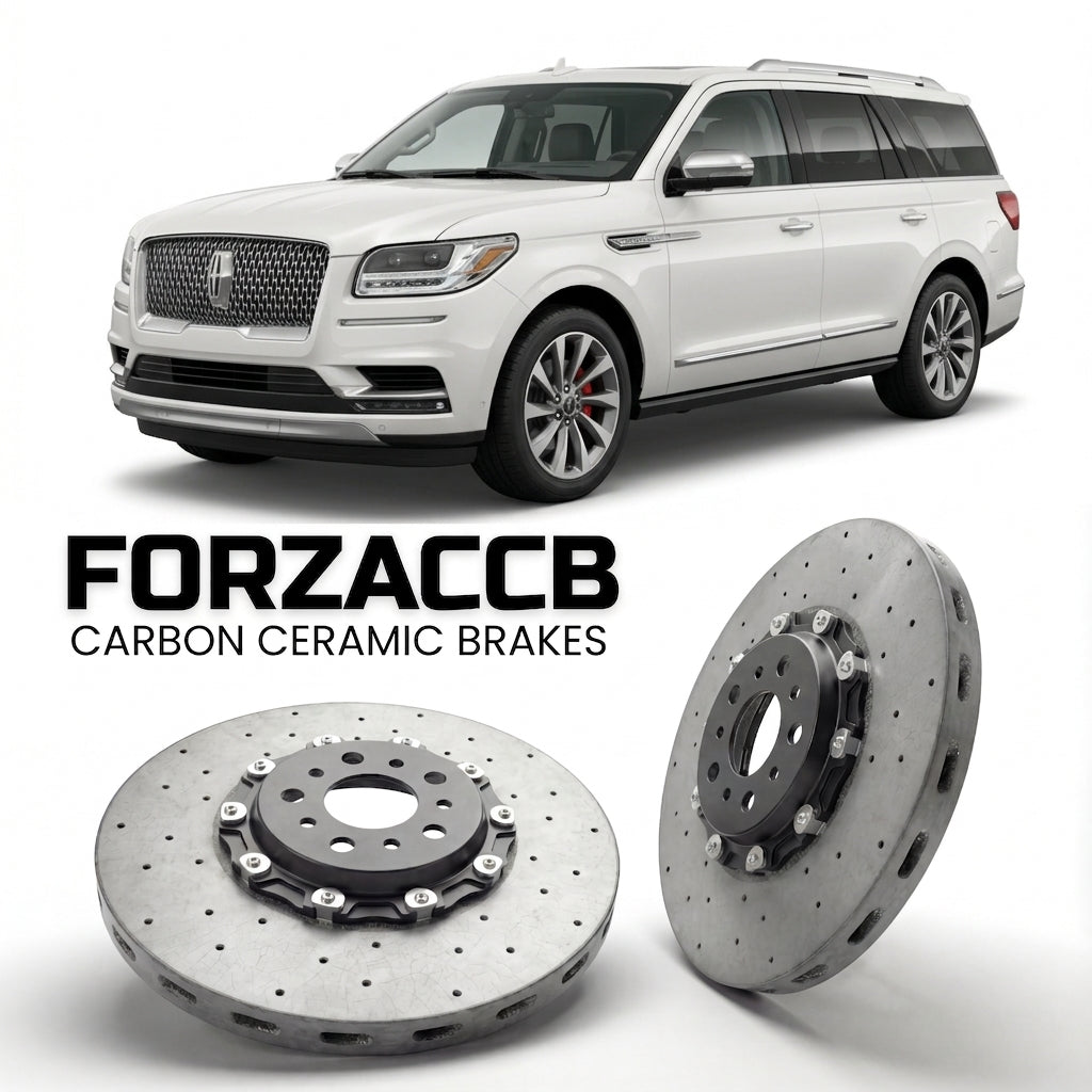 ForzaCCB direct OEM replacement carbon ceramic brake rotors for 2021-2024) Lincoln Navigator IV (facelift 2021 models, shown with a white Lincoln Navigator car.