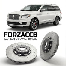 ForzaCCB direct OEM replacement carbon ceramic brake rotors for 2021-2024) Lincoln Navigator IV (facelift 2021 models, shown with a white Lincoln Navigator car.