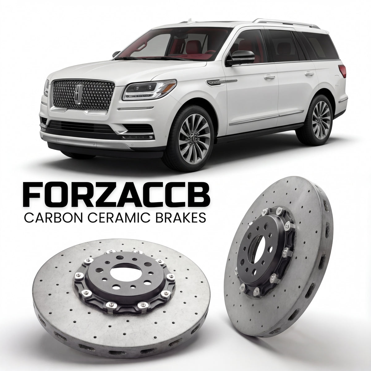 ForzaCCB direct OEM replacement carbon ceramic brake rotors for 2021-2024) Lincoln Navigator IV L (facelift 2021 models, shown with a white Lincoln Navigator car.