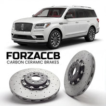 ForzaCCB direct OEM replacement carbon ceramic brake rotors for 2021-2024) Lincoln Navigator IV L (facelift 2021 models, shown with a white Lincoln Navigator car.