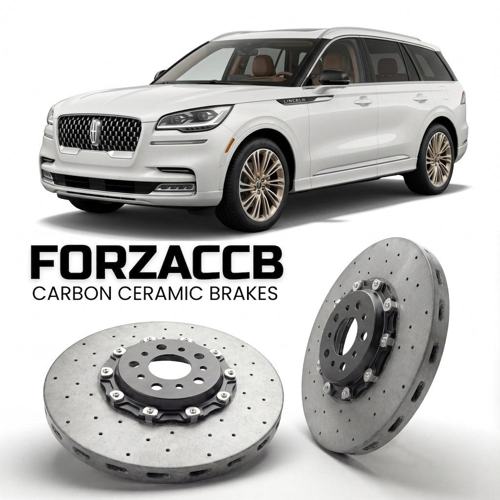 ForzaCCB direct OEM replacement carbon ceramic brake rotors for 2024 and newer Lincoln Navigator models, shown with a white Lincoln Navigator car.