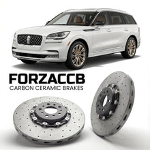ForzaCCB direct OEM replacement carbon ceramic brake rotors for 2024 and newer Lincoln Navigator models, shown with a white Lincoln Navigator car.