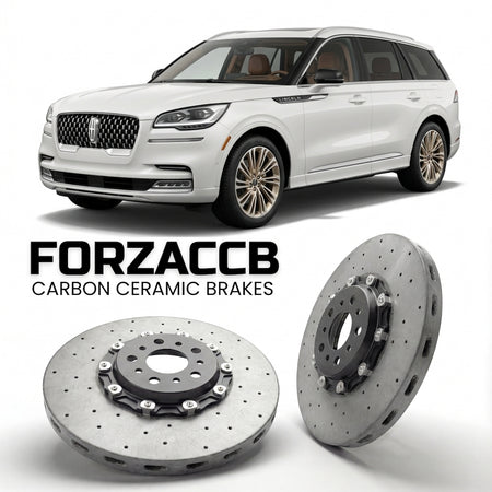 ForzaCCB direct OEM replacement carbon ceramic brake rotors for 2024 and newer Lincoln Navigator models, shown with a white Lincoln Navigator car.