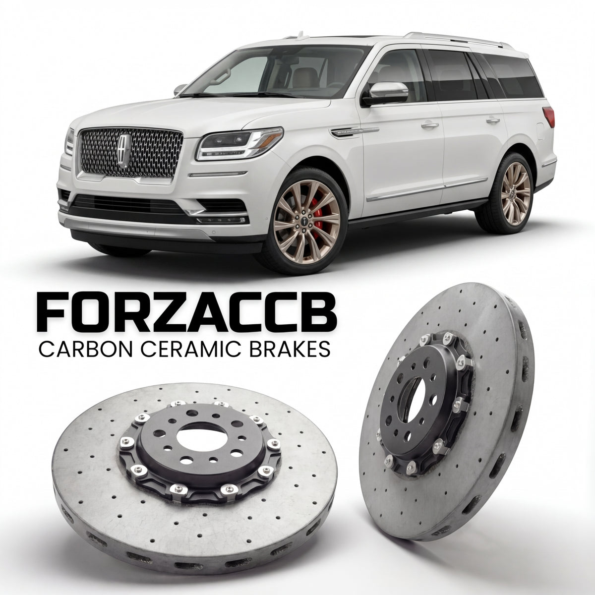 ForzaCCB direct OEM replacement carbon ceramic brake rotors for 2024 and newer Lincoln Navigator V L models, shown with a white Lincoln Navigator car.