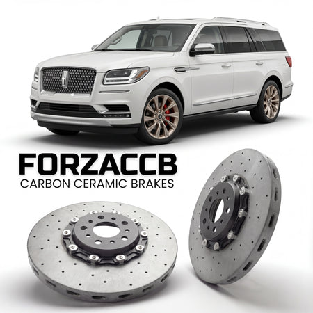 ForzaCCB direct OEM replacement carbon ceramic brake rotors for 2024 and newer Lincoln Navigator V L models, shown with a white Lincoln Navigator car.