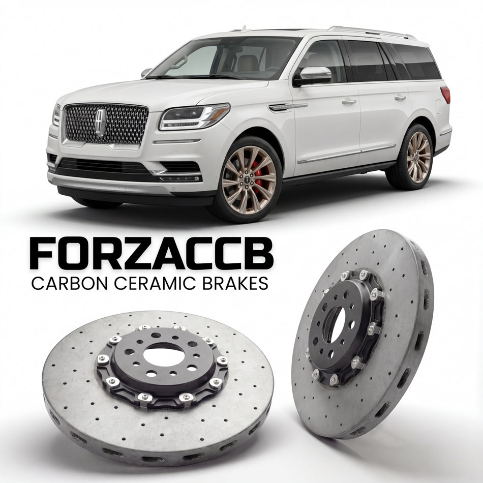 ForzaCCB direct OEM replacement carbon ceramic brake rotors for 2024 and newer Lincoln Navigator V L models, shown with a white Lincoln Navigator car.