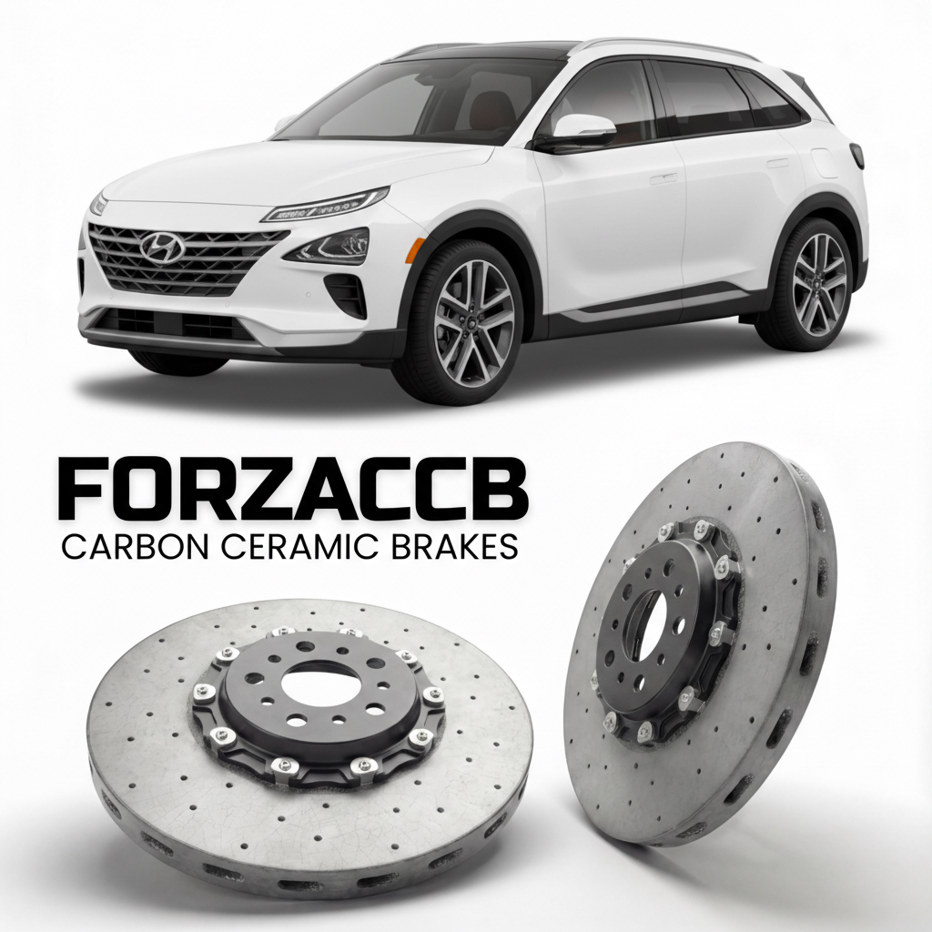 ForzaCCB direct OEM replacement carbon ceramic brake rotors for 2019 to 2026 Hyundai Nexo models, shown with a white Hyundai Nexo car.