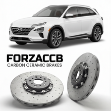 ForzaCCB direct OEM replacement carbon ceramic brake rotors for 2019 to 2026 Hyundai Nexo models, shown with a white Hyundai Nexo car.