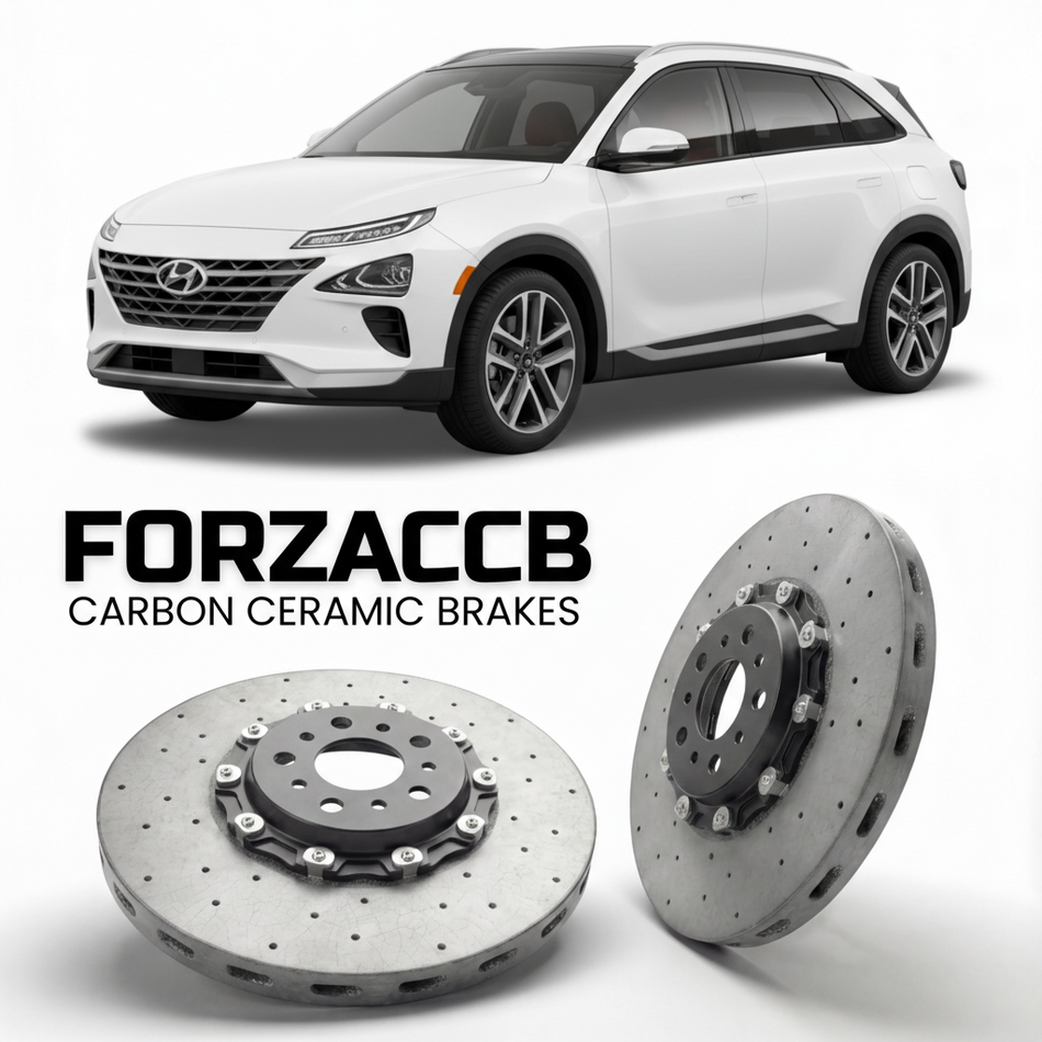 ForzaCCB direct OEM replacement carbon ceramic brake rotors for 2019 to 2026 Hyundai Nexo models, shown with a white Hyundai Nexo car.