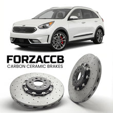 ForzaCCB direct OEM replacement carbon ceramic brake rotors for 2016 to 2019 Kia Niro models, shown with a white Kia Niro car.