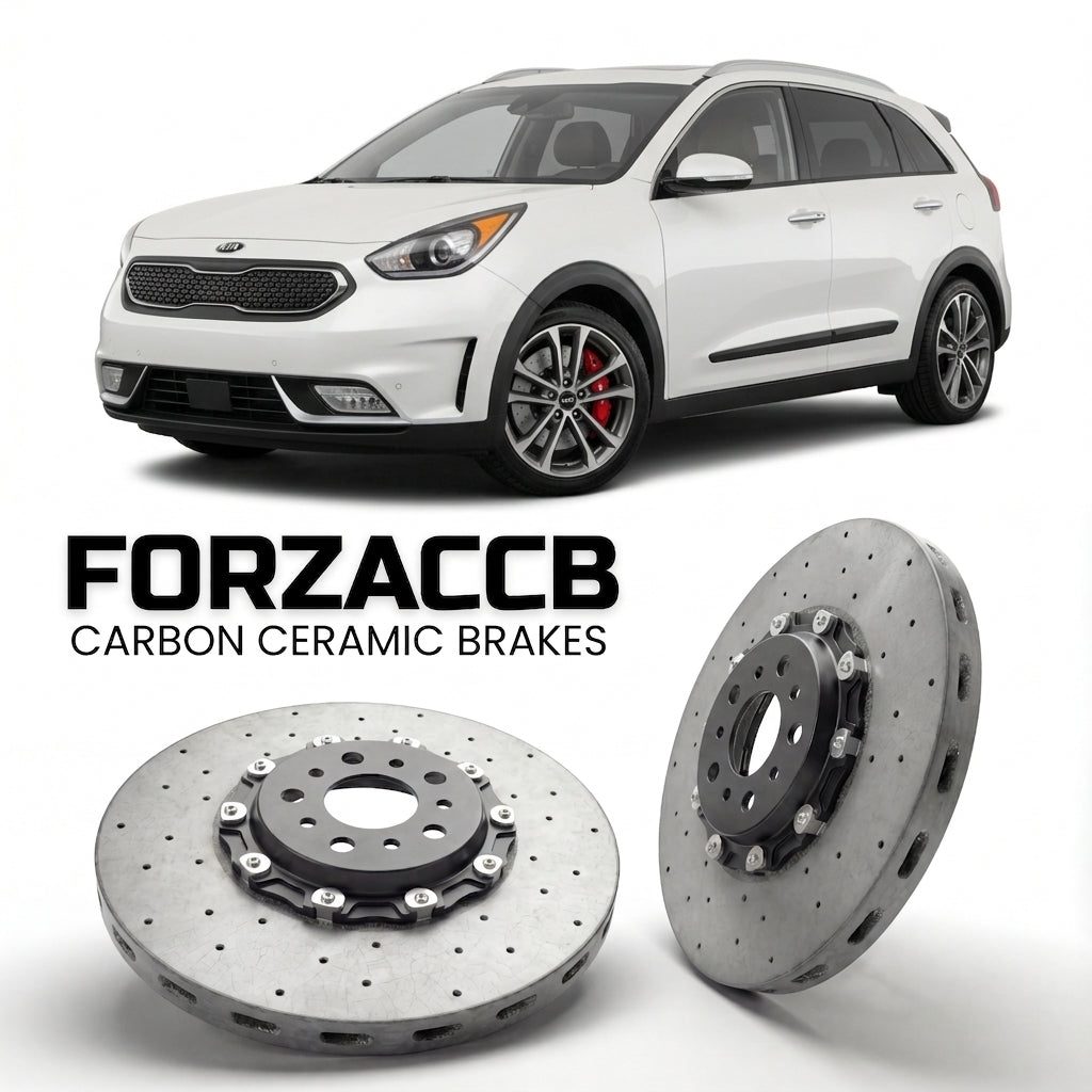 ForzaCCB direct OEM replacement carbon ceramic brake rotors for 2016 to 2019 Kia Niro models, shown with a white Kia Niro car.