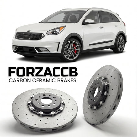 ForzaCCB direct OEM replacement carbon ceramic brake rotors for 2016 to 2019 Kia Niro models, shown with a white Kia Niro car.