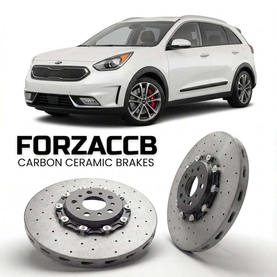 ForzaCCB direct OEM replacement carbon ceramic brake rotors for 2016 to 2019 Kia Niro models, shown with a white Kia Niro car.