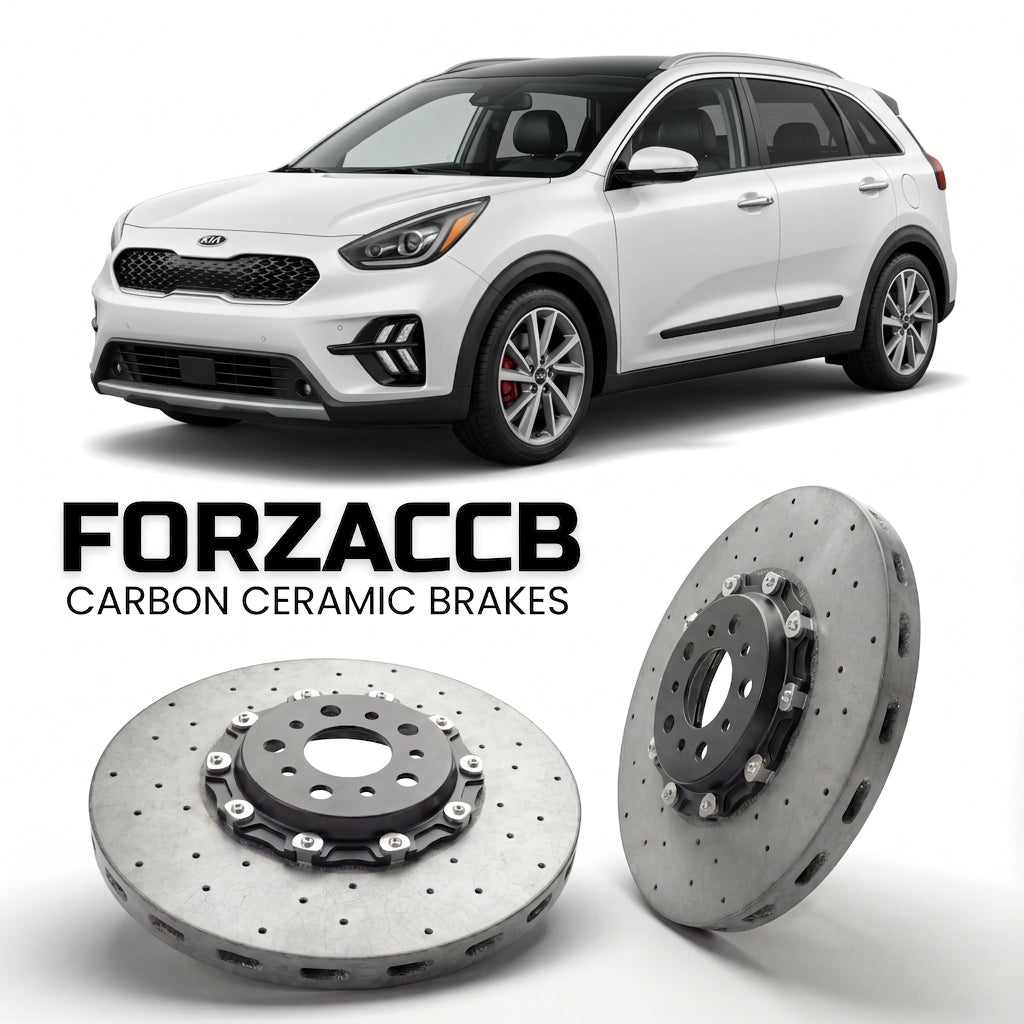 ForzaCCB direct OEM replacement carbon ceramic brake rotors for 2019-2022) Kia Niro I (facelift 2019 models, shown with a white Kia Niro car.