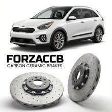 ForzaCCB direct OEM replacement carbon ceramic brake rotors for 2019-2022) Kia Niro I (facelift 2019 models, shown with a white Kia Niro car.