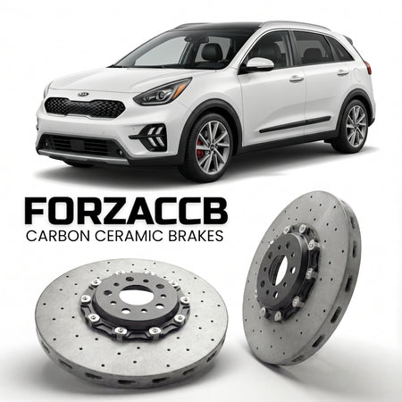 ForzaCCB direct OEM replacement carbon ceramic brake rotors for 2019-2022) Kia Niro I (facelift 2019 models, shown with a white Kia Niro car.