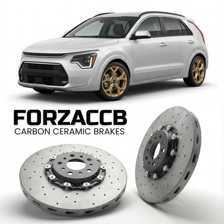 ForzaCCB direct OEM replacement carbon ceramic brake rotors for 2022 and newer Kia Niro II models, shown with a white Kia Niro car.