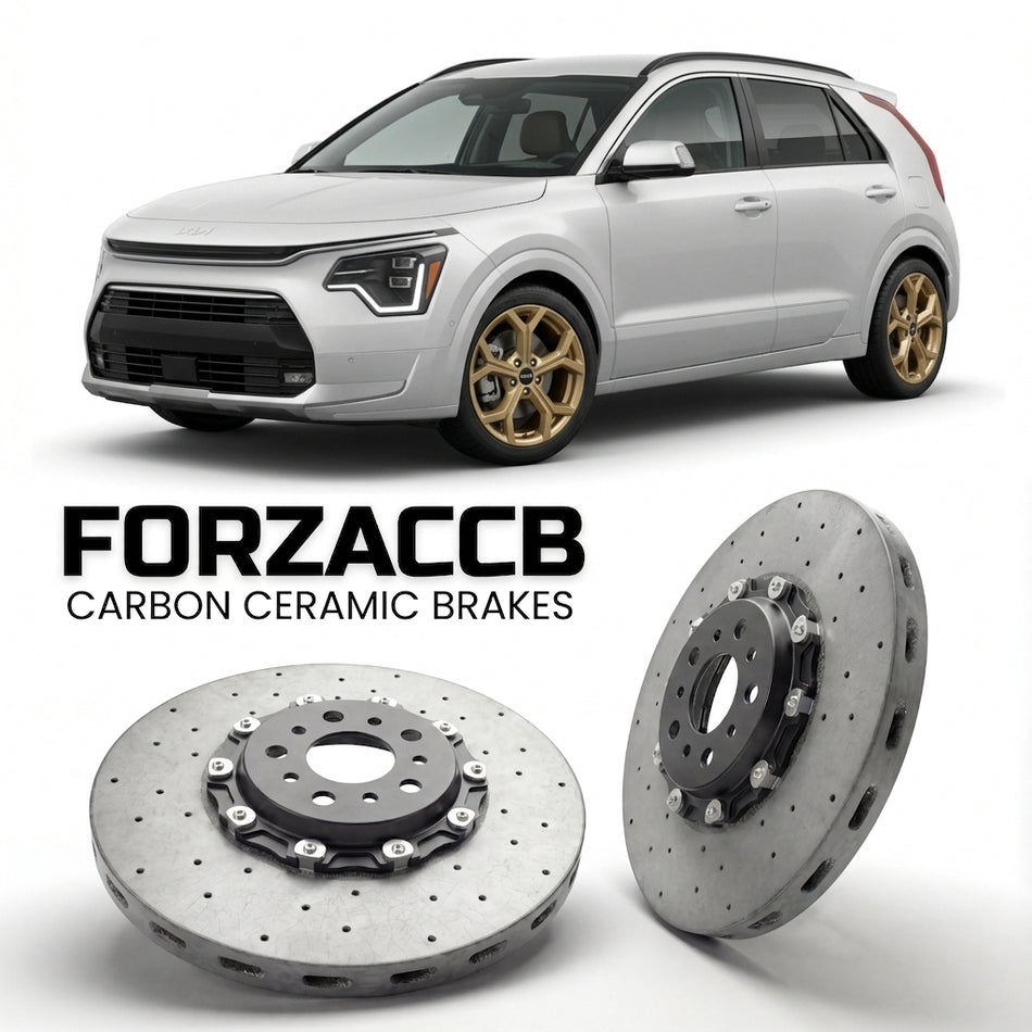 ForzaCCB direct OEM replacement carbon ceramic brake rotors for 2022 and newer Kia Niro II models, shown with a white Kia Niro car.