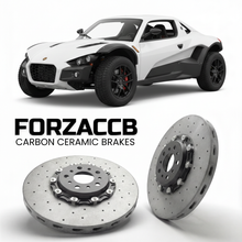 ForzaCCB direct OEM replacement carbon ceramic brake rotors for 2015 to 2026 Ariel Nomad models, shown with a white Ariel Nomad car.