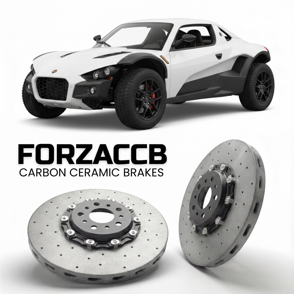 ForzaCCB direct OEM replacement carbon ceramic brake rotors for 2015 to 2026 Ariel Nomad models, shown with a white Ariel Nomad car.
