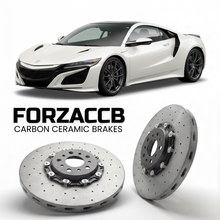ForzaCCB direct OEM replacement carbon ceramic brake rotors for 2016 to 2022 Acura NSX NC1 models, shown with a white Acura NSX car.
