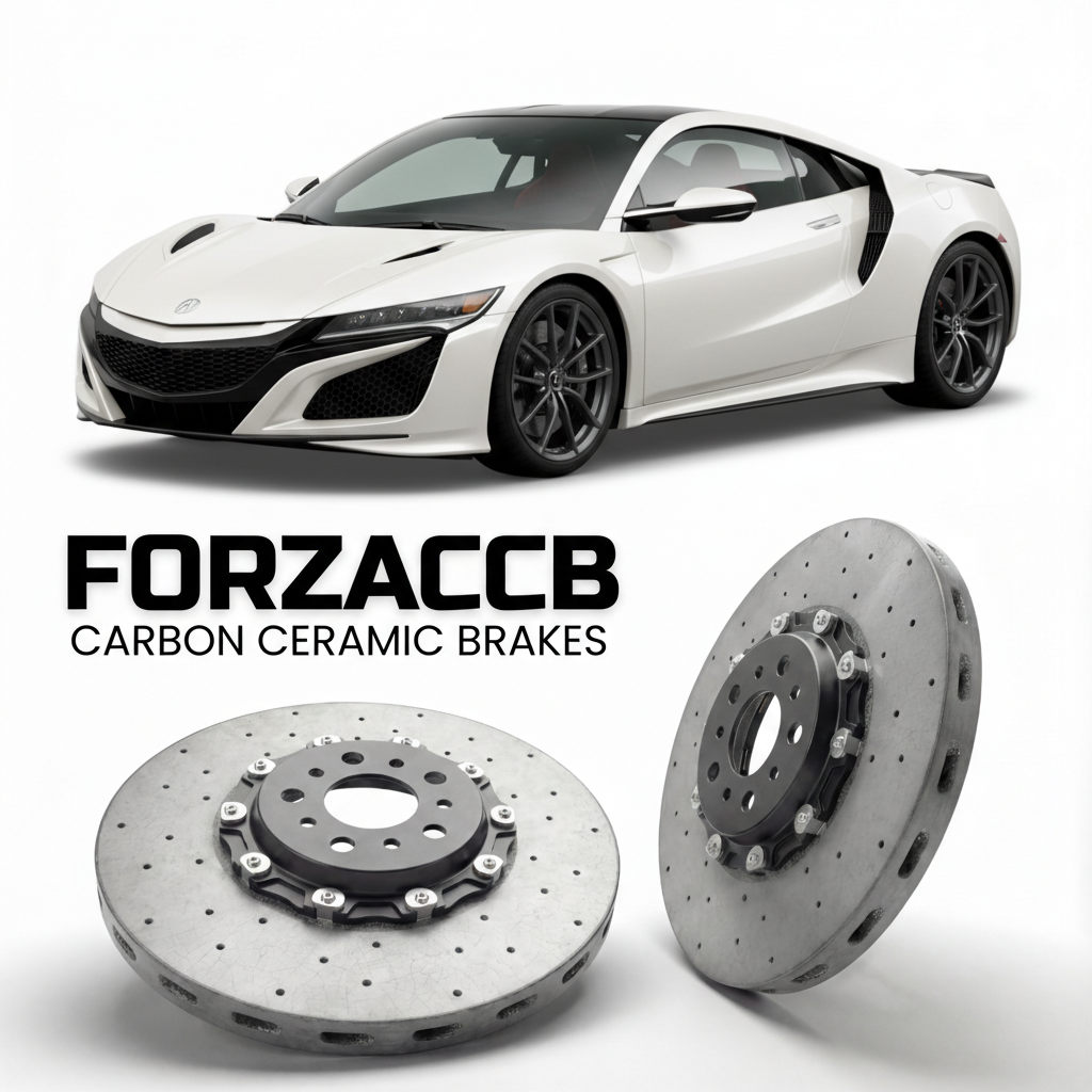 ForzaCCB direct OEM replacement carbon ceramic brake rotors for 2016 to 2022 Acura NSX NC1 models, shown with a white Acura NSX car.