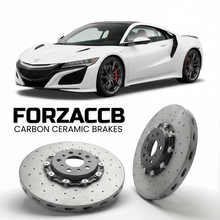 ForzaCCB direct OEM replacement carbon ceramic brake rotors for 2016 to 2022 Honda NSX NC1 models, shown with a white Honda NSX car.