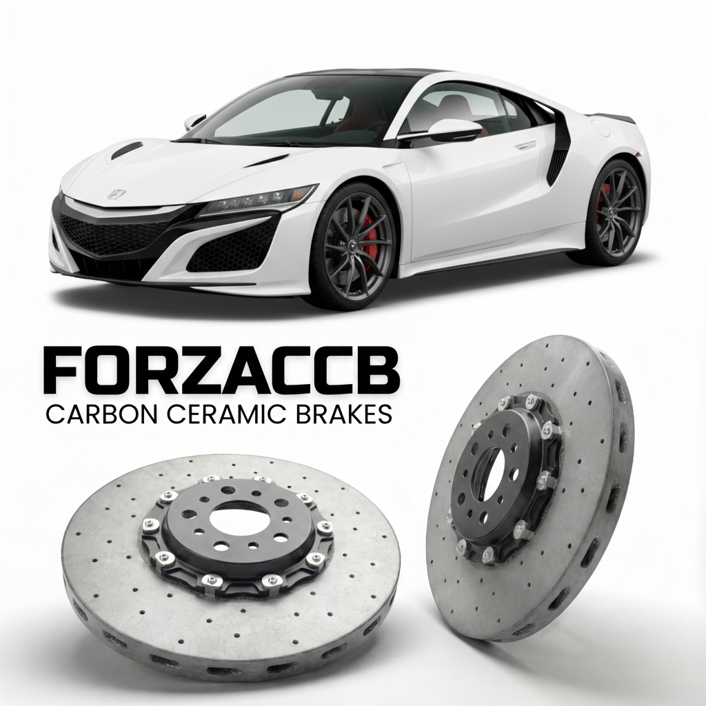 ForzaCCB direct OEM replacement carbon ceramic brake rotors for 2016 to 2022 Honda NSX NC1 models, shown with a white Honda NSX car.