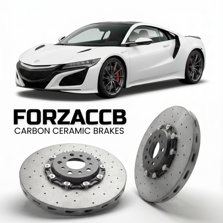 ForzaCCB direct OEM replacement carbon ceramic brake rotors for 2016 to 2022 Honda NSX NC1 models, shown with a white Honda NSX car.
