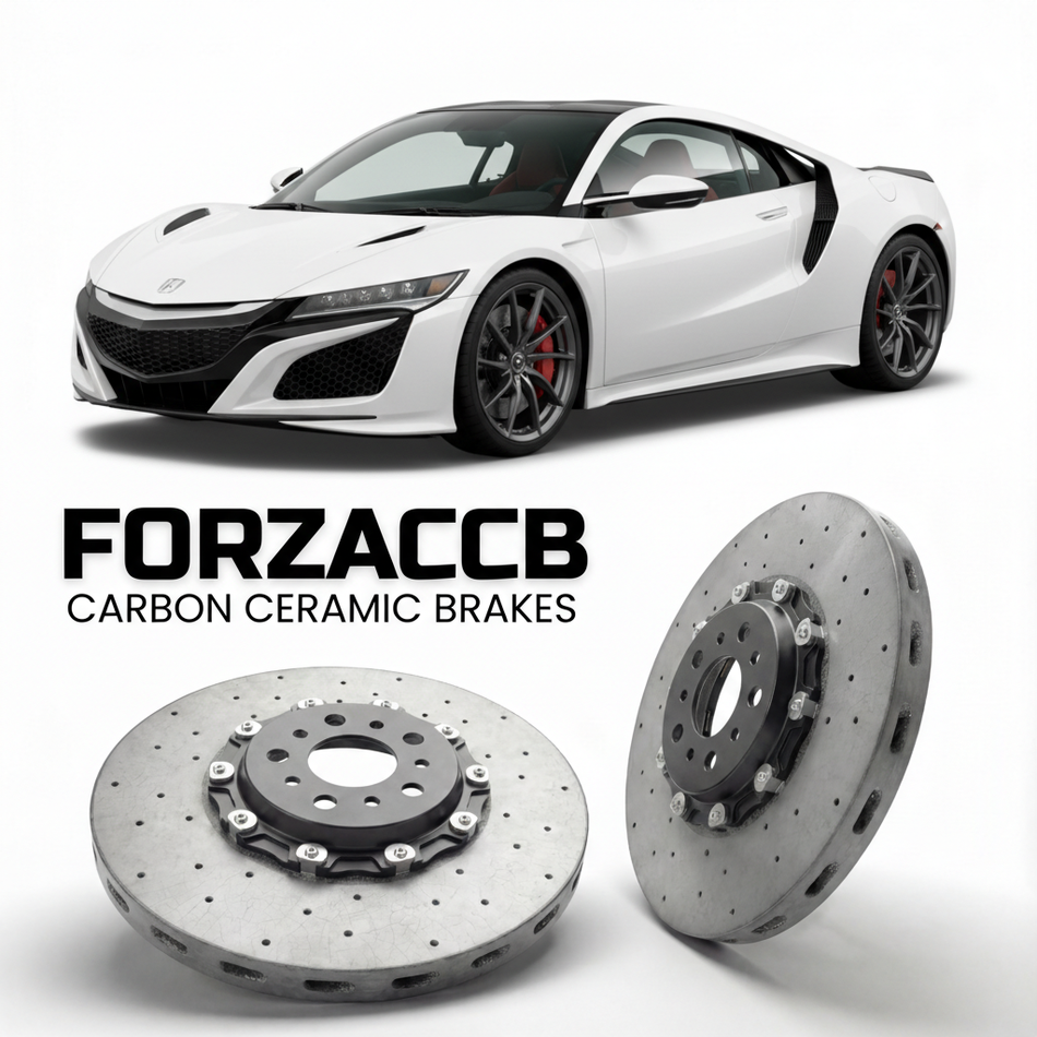 ForzaCCB direct OEM replacement carbon ceramic brake rotors for 2016 to 2022 Honda NSX NC1 models, shown with a white Honda NSX car.