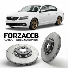 ForzaCCB direct OEM replacement carbon ceramic brake rotors for 2013 to 2020 Skoda Octavia III 5E models, shown with a white Skoda Octavia III car.