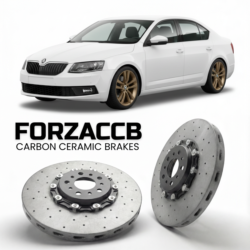 ForzaCCB direct OEM replacement carbon ceramic brake rotors for 2013 to 2020 Skoda Octavia III 5E models, shown with a white Skoda Octavia III car.