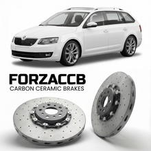 ForzaCCB direct OEM replacement carbon ceramic brake rotors for 2013 to 2020 Skoda Octavia III Combi 5E models, shown with a white Skoda Octavia III Combi car.