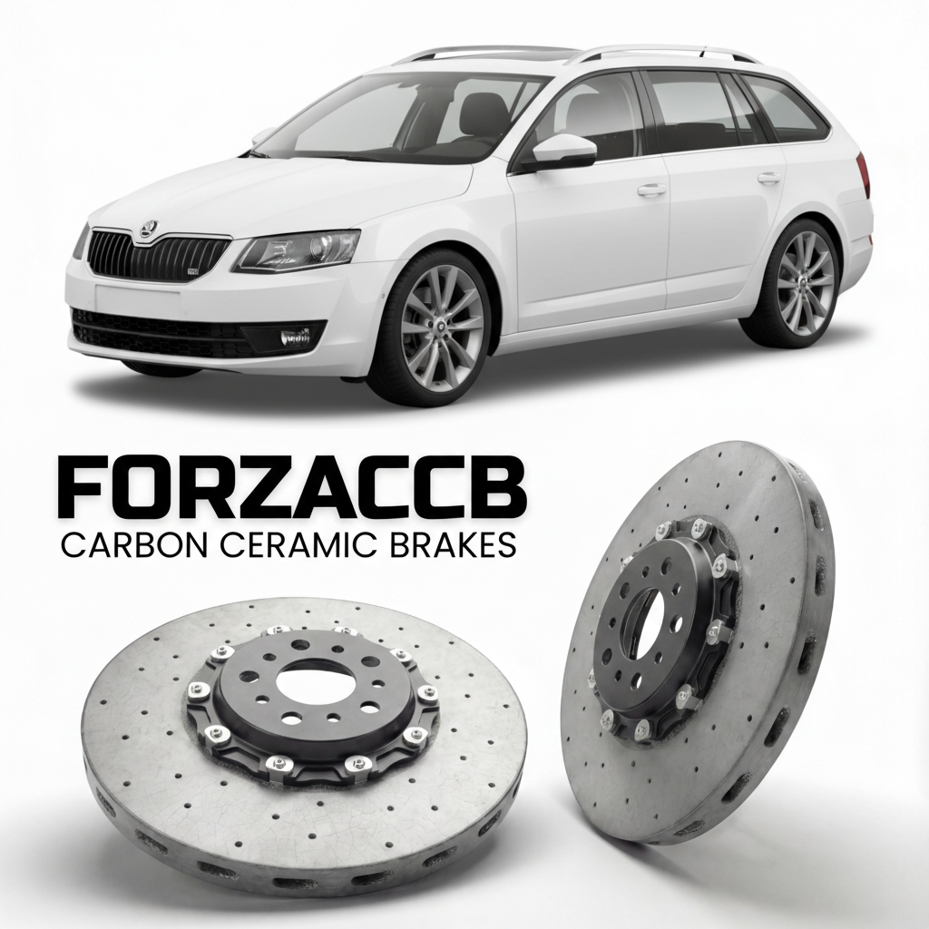 ForzaCCB direct OEM replacement carbon ceramic brake rotors for 2013 to 2020 Skoda Octavia III Combi 5E models, shown with a white Skoda Octavia III Combi car.