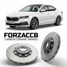 ForzaCCB direct OEM replacement carbon ceramic brake rotors for 2020 and newer Skoda Octavia IV NX models, shown with a white Skoda Octavia IV car.