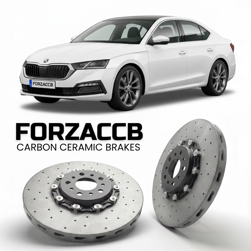 ForzaCCB direct OEM replacement carbon ceramic brake rotors for 2020 and newer Skoda Octavia IV NX models, shown with a white Skoda Octavia IV car.
