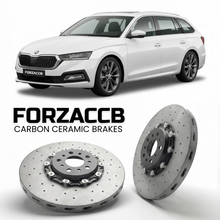 ForzaCCB direct OEM replacement carbon ceramic brake rotors for 2020 and newer Skoda Octavia IV Combi NX models, shown with a white Skoda Octavia IV Combi car.