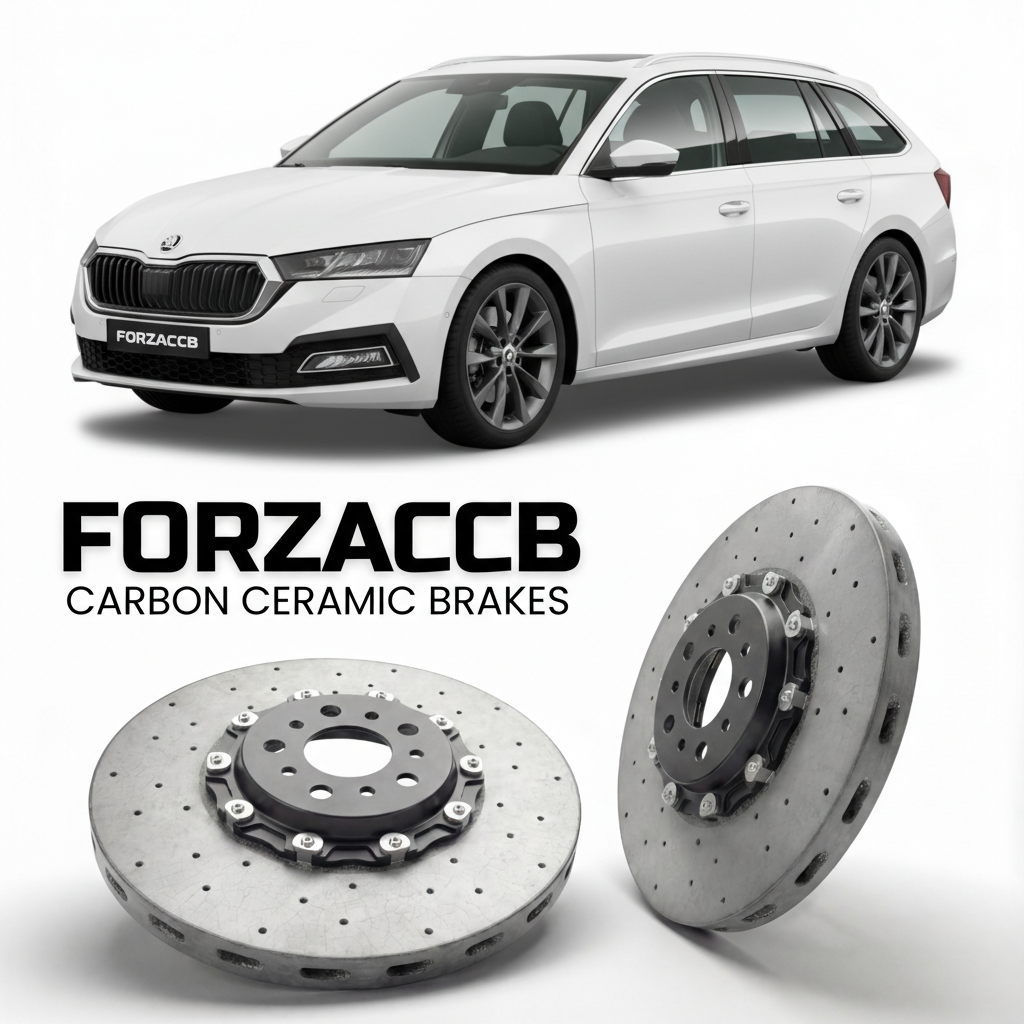 ForzaCCB direct OEM replacement carbon ceramic brake rotors for 2020 and newer Skoda Octavia IV Combi NX models, shown with a white Skoda Octavia IV Combi car.