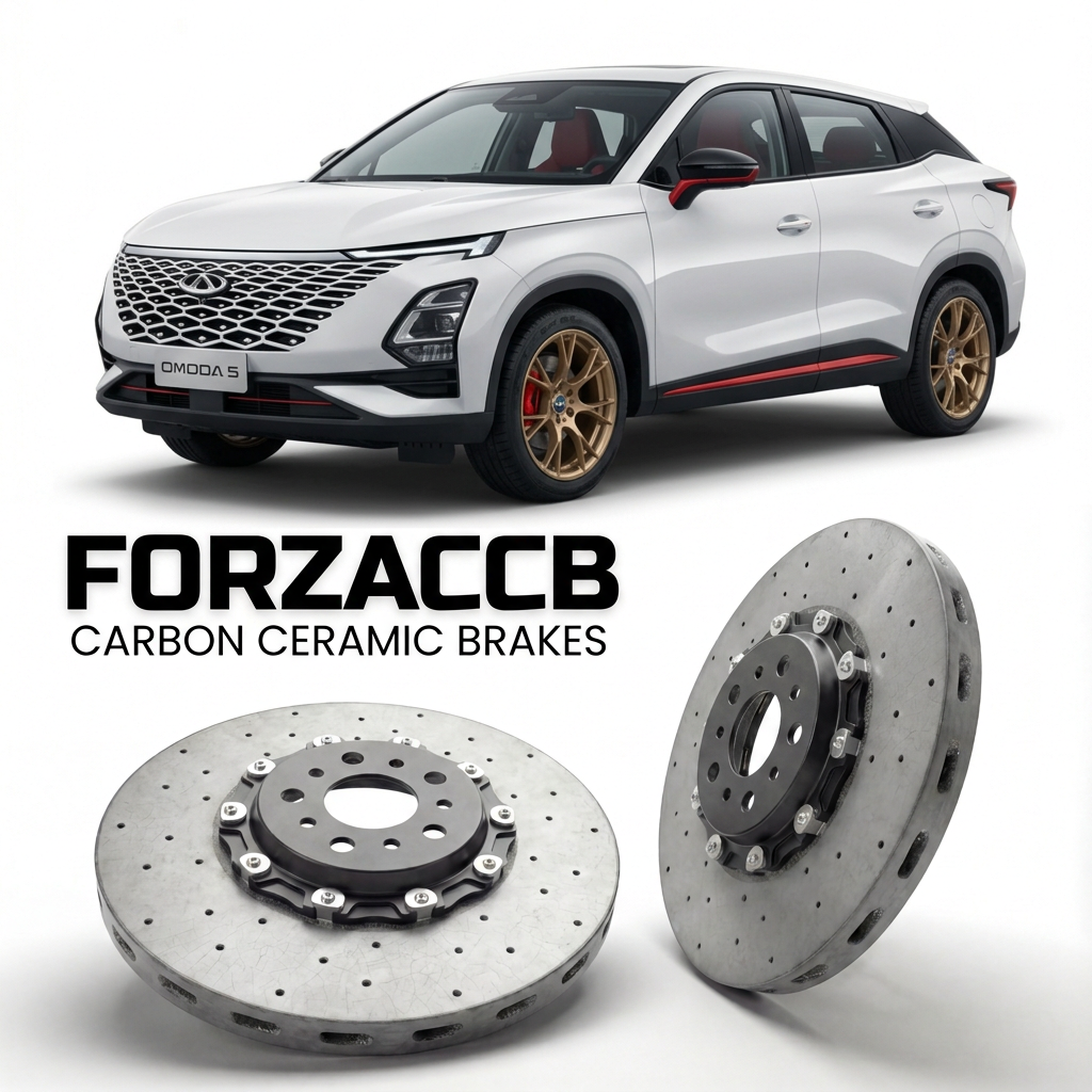 ForzaCCB direct OEM replacement carbon ceramic brake rotors for 2022 and newer Chery Omoda 5 models, shown with a white Chery Omoda 5 car.