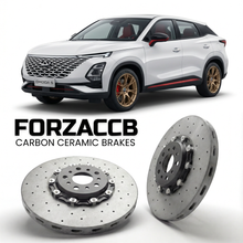 ForzaCCB direct OEM replacement carbon ceramic brake rotors for 2022 and newer Chery Omoda 5 models, shown with a white Chery Omoda 5 car.