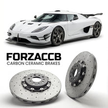 ForzaCCB direct OEM replacement carbon ceramic brake rotors for 2014 to 2015 Koenigsegg One:1 models, shown with a white Koenigsegg One:1 car.