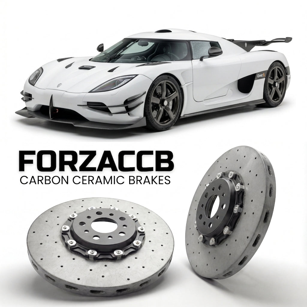 ForzaCCB direct OEM replacement carbon ceramic brake rotors for 2014 to 2015 Koenigsegg One:1 models, shown with a white Koenigsegg One:1 car.