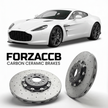 ForzaCCB direct OEM replacement carbon ceramic brake rotors for 2009 to 2012 Aston Martin One-77 models, shown with a white Aston Martin One-77 car.