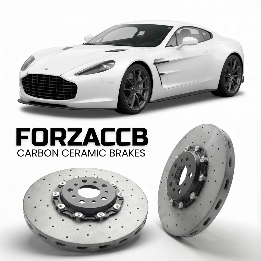 ForzaCCB direct OEM replacement carbon ceramic brake rotors for 2009 to 2012 Aston Martin One-77 models, shown with a white Aston Martin One-77 car.