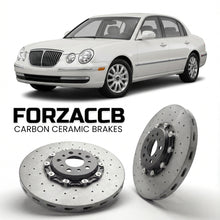 ForzaCCB direct OEM replacement carbon ceramic brake rotors for 2005 to 2010 Kia Opirus models, shown with a white Kia Opirus car.