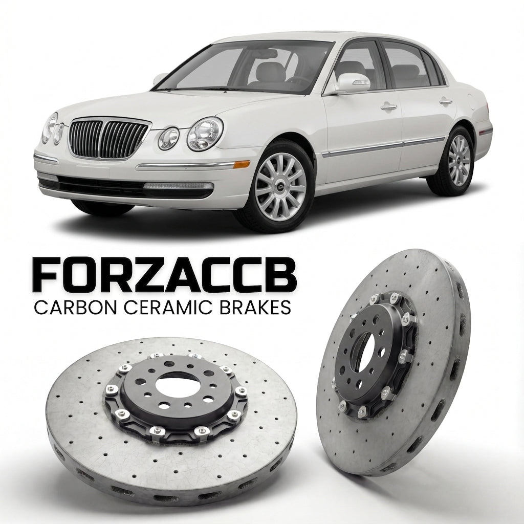 ForzaCCB direct OEM replacement carbon ceramic brake rotors for 2005 to 2010 Kia Opirus models, shown with a white Kia Opirus car.